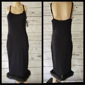 Danielle Bernstein Black Knit Faux Fur Trim Midi Dress